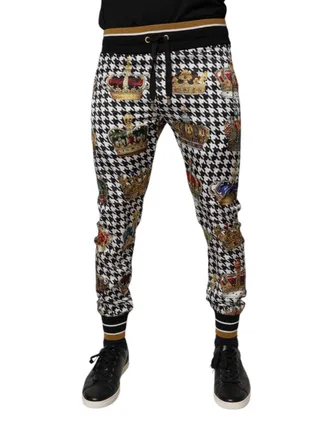 Dolce & Gabbana Multicolor Houndstooth Crown Men Sweatpants Pants Polyester