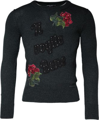 Dolce & Gabbana Mens Embroidered Floral Appliqu Pullover Sweater - Dark Grey Wool - Size EU 44 (Mens)