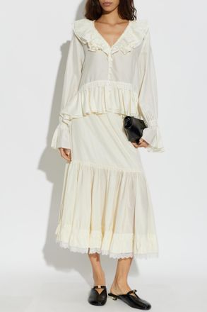 Ganni Satin Top With Ruffles, Womens, Cream