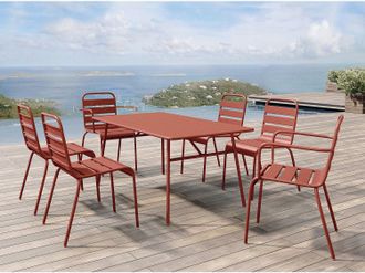 Vente-Unique Sala pranzo giardino Metallo Terracotta MIRMANDE: tavolo L.160cm 2 sedie impil. braccioli e 4 sedie impil