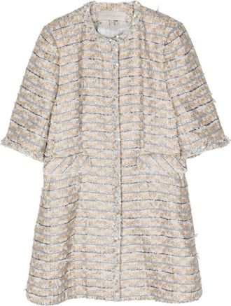 Shiatzy Chen beaded-trim tweed coat - women - Polyester/Polyamide/Cupro/Cotton/Polyacrylic/Viscose/Mulberry Silk - 40 - Grey