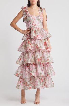 & Other Stories Floral Tie Strap Tiered Midi Dress in Pink Medium at Nordstrom Rack, Size 8