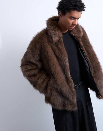 Topman Cappotto in pelliccia sintetica marrone con zip