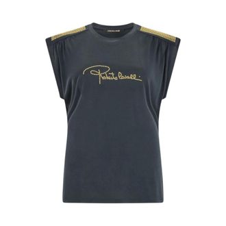 Roberto Cavalli Anthracite T-Shirt With Studded Shoulders - female - Roberto Cavalli - T-Shirts - Black - XL - Tops