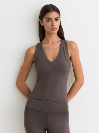 Reiss Taupe Brown V-neck Cross-back Sports Top, XL