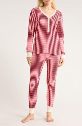 Nordstrom Cotton Blend Waffle Thermal Pajamas in Red Party Stripe at Nordstrom Rack, Size X-Small