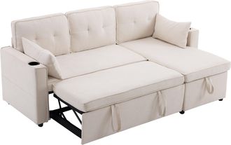 STILVORA Sof&aacute; Cama De Esquina De 3 Plazas En Algod&oacute;n Y Lino Con Canap&eacute;, Chaise Longue, 2 Portavasos Y 2 Cojines, Beige