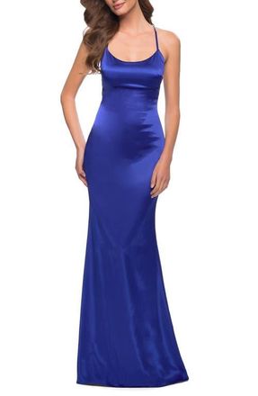 La Femme Chic Stretch Satin Gown with Scoop Neck and Open Back in Royal Blue at Nordstrom, Size 10