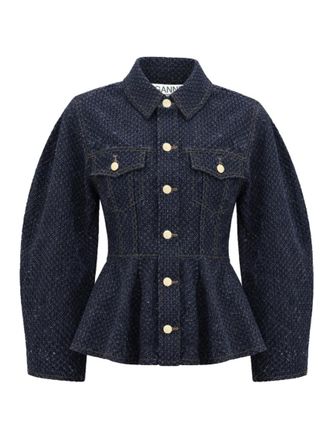 Ganni Blue Textured Shirt Collar Jacket