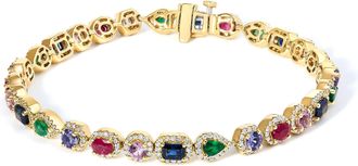 House of Brilliance 14K Yellow Gold Multi-Gemstone and Diamond Halo Rainbow Tennis Bracelet