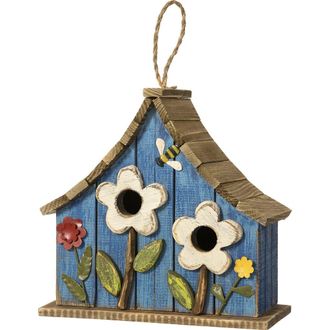 Glitzhome Distressed Solid Wood Birdhouse with 3D Flowers in Blue at Nordstrom, Size Medium
