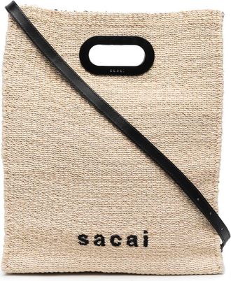sacai logo-embroidered woven tote bag - unisex - CALFSKIN/Abaca - OS - Neutrals