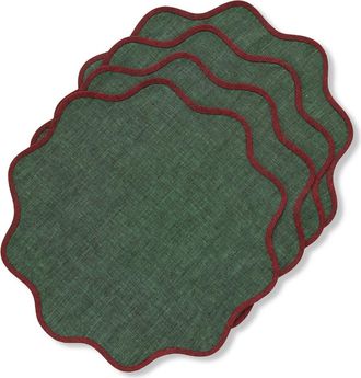 Solino Home Linen Placemats Set of 4, 16 Inch Round for Dining Table, Holiday and Everyday Table Decor - Giselle Scallop Edge in Red Garnet And