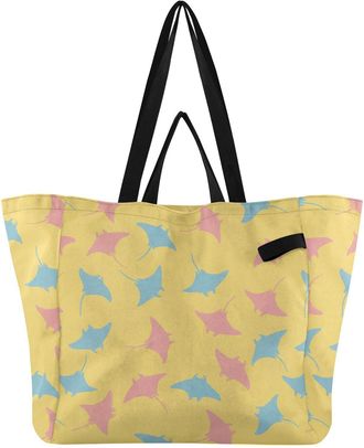 Generic Underwater Fish Yellow print Reusable Canvas Tote Bag, Heavy Duty Grocery Shopping Bag with Double Handles Hard Bottom Large Capacity Work Groceries T
