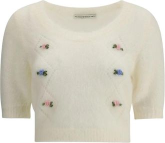 Alessandra Rich Korte mouw Mohair Sweater met Geborduurde Bloemen - Dames - Ronde hals truien - Beige - S - Wol - Truien & Vesten