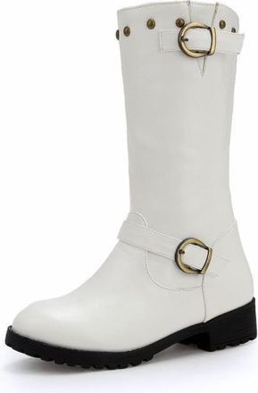 Generic Womens Mid Calf Boots Synthetic Leather Buckle Studded Round Toe Block Heels Comfortable Non Slip Durable for Daily Wear Street Fashion Party,White,4.