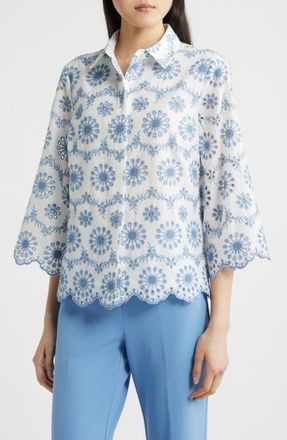Anne Klein Embroidered Eyelet Cotton Button-Up Shirt in Crisp White/Lagoon at Nordstrom, Size X-Small