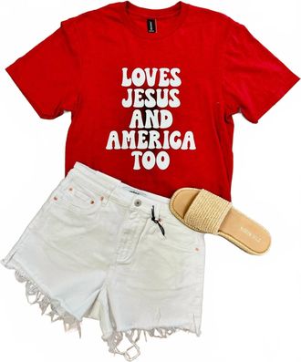 Gildan Womens Loves Jesus And America Too Graphic T-Shirt In Red