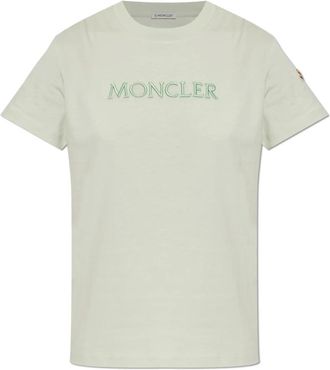 Moncler Embroidered Tonal Logo Cotton T-Shirt - Dames - T-shirts - Groen - L - Katoen - Tops