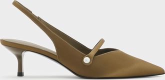Charles & Keith Helena Satin Pearl Slingback Kitten Heels