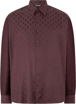 Roberto Cavalli Monogram Zijde-Blend Shirt met Diamant Motief - Heren - Casual Overhemden - Paars - L - Overhemden