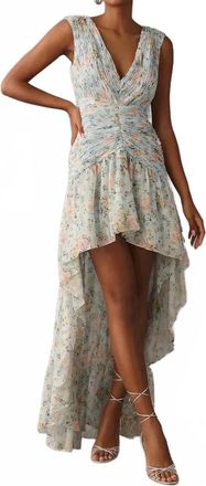 Mac Duggal Metallic Floral Print Chiffon High-Low Gown In Blue