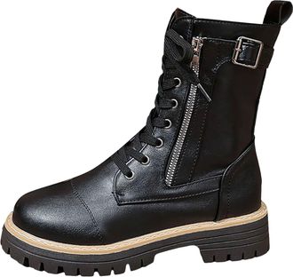 Generic Womens Combat Boots Mid Calf Lace Up with Side Zipper Platform Chunky Non-Slip Ankle Boots Ladies Elegant Retro Casual Shoes Autumn Winter Size 5.5