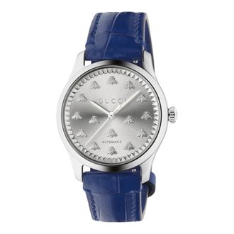 Gucci 38 mm stalen kast- zon geborstelde wijzerplaat met bijen- blauwe gekleurde alligator band - Dames - Horloges - Blauw - ONE Size - Accessoires