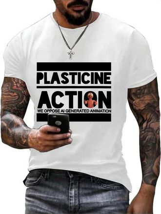 Generic Plasticine Action T Shirt for Men Funny Graphic Tee Crew Neck Novelty T-Shirts (UK, Alpha, L, Regular, Regular, White)