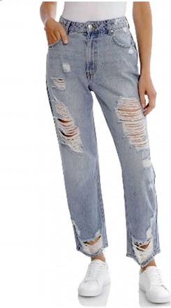 Avec Les Filles Womens Distressed High Waisted Mom Jeans In Light Blue Wash