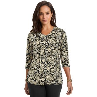 Jessica London Stretch Cotton V Neck Tee in Black Bold Paisley at Nordstrom, Size 16