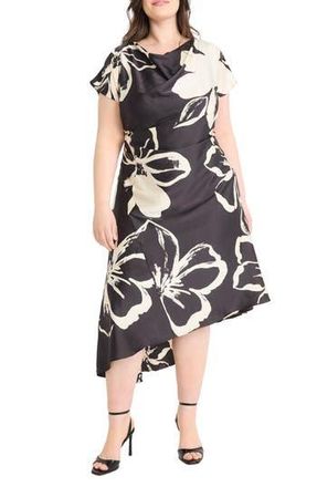 Maggy London Floral Short Sleeve Asymmetric Hem Midi Dress in Black/Cream at Nordstrom Rack, Size 24 W