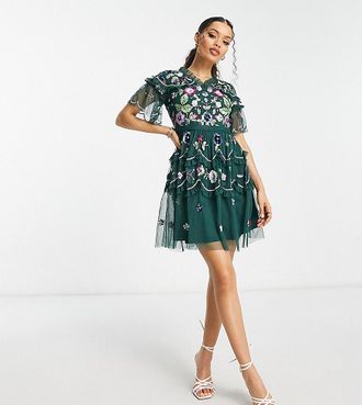 Frock and Frill Petite Vestito corto a balze verde scuro con decorazioni multiple