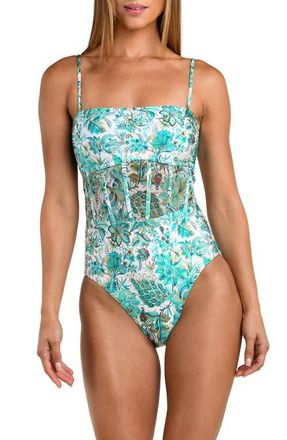 Sunshine 79 Free Spirit Print Bandeau One-Piece Swimsuit in Blue/Green Multi at Nordstrom, Size 14