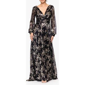 Betsy & Adam Metallic Floral Long Sleeve Crinkle Mesh Gown in Black/gold at Nordstrom, Size 12