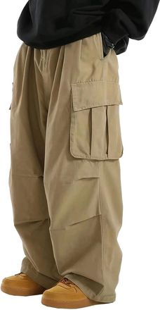 Generic Mens Wide Leg Cargo Pants Drawstring Baggy Casual Jogger Hiking Hip Hop Pants for Men with Khaki Large