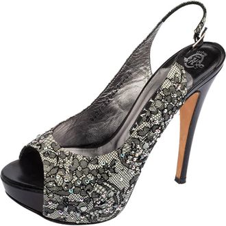 Gina Black Lace Crystal Embellished Peep Toe Slingback Platform Pumps