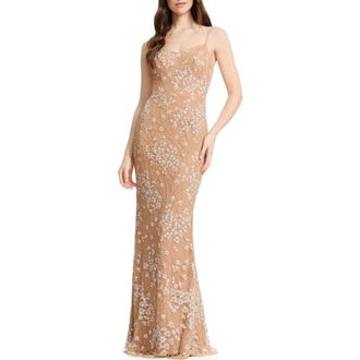 Dress The Population Giovanna Beaded Floral Sheath Gown in Champagne Multi at Nordstrom, Size Xx-Large