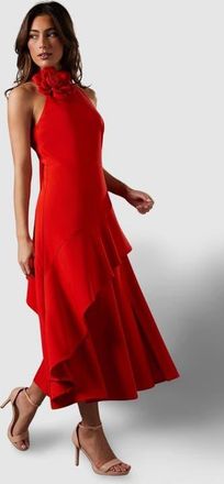 Coast High Neck Corsage Detail Midi Dress in Flame Red at Nordstrom, Size 10