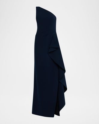 Teri Jon One-Shoulder Ruffle Crepe Gown