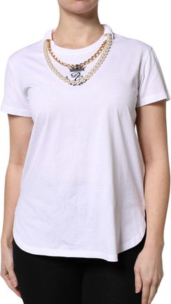 Dolce & Gabbana Womens White Chain Pearl Cotton Round Neck T-Shirt