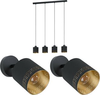 Loops Quad Ceiling Light & 2x Matching Wall Lights Black & Gold Round Fabric Shade