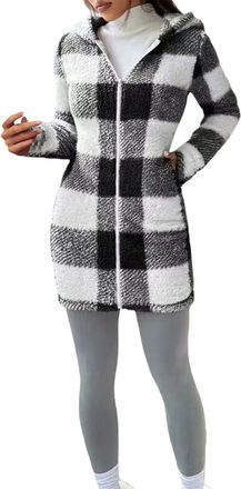 Generic Womens Fleece Jacket Hooded Plaid Long Sleeve Winter Warm Fuzzy Fleece Long Coat Tunic Outerwear With Pockets Soft Comfortable Lightweight Jacket M