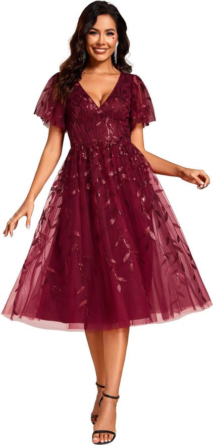 sachin and babi light blue dress Ever-pretty Prom Dress Leaf Sequin Short Sleeve Tulle Midi Wedding Guest  Dress Burgundy 14UK from £72.99
