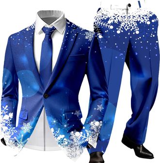Generic Mens Christmas Suit Xmas Tree Printed Party Lapel Single Button Long Sleeved Suit Holiday Clothes 2 Piece Suits One Button Notched Lapel Slim Fit Tuxe