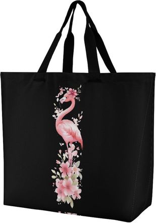 Generic Cute Flamingo with Bow Flowers Reusable Shopping Bags Large Capacity Grocery Bag Heavy Duty Tote for Women 40x40x16cm
