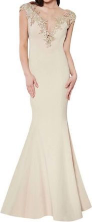 Saboroma Floral Applique Illusion Plunging Mermaid Gown In Beige