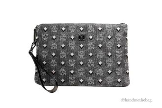 MCM MCM Veritas Medium Dark Grey Denim Monogram Logo Canvas Clutch Pouch Womens Handbag