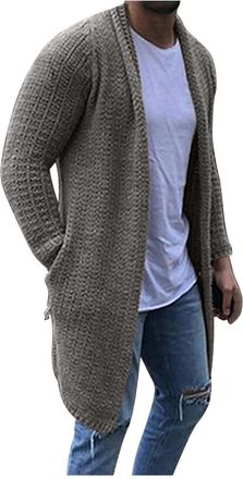 Generic Mens Long Cardigans with Side Pockets Lightweight Open Front Jumper Breathable Long Sleeve Knitwear Chunky Knit Jacket Coat Plain Ribbed Sweater Warm 