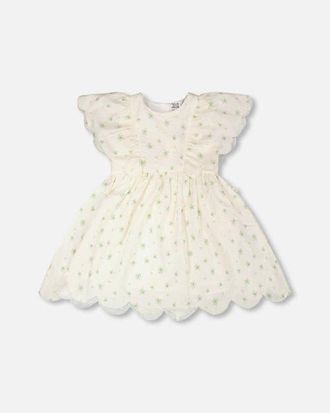 Deux par Deux Jacquard Short Sleeve Printed Flowers Dress in White Printed Flowers at Nordstrom, Size 18M